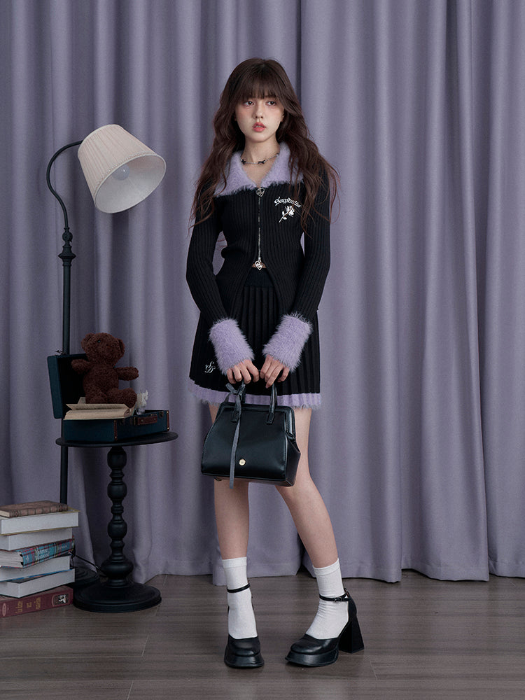Black and Purple Knitted Slim Fit Cardigan Short Skirt for Winter