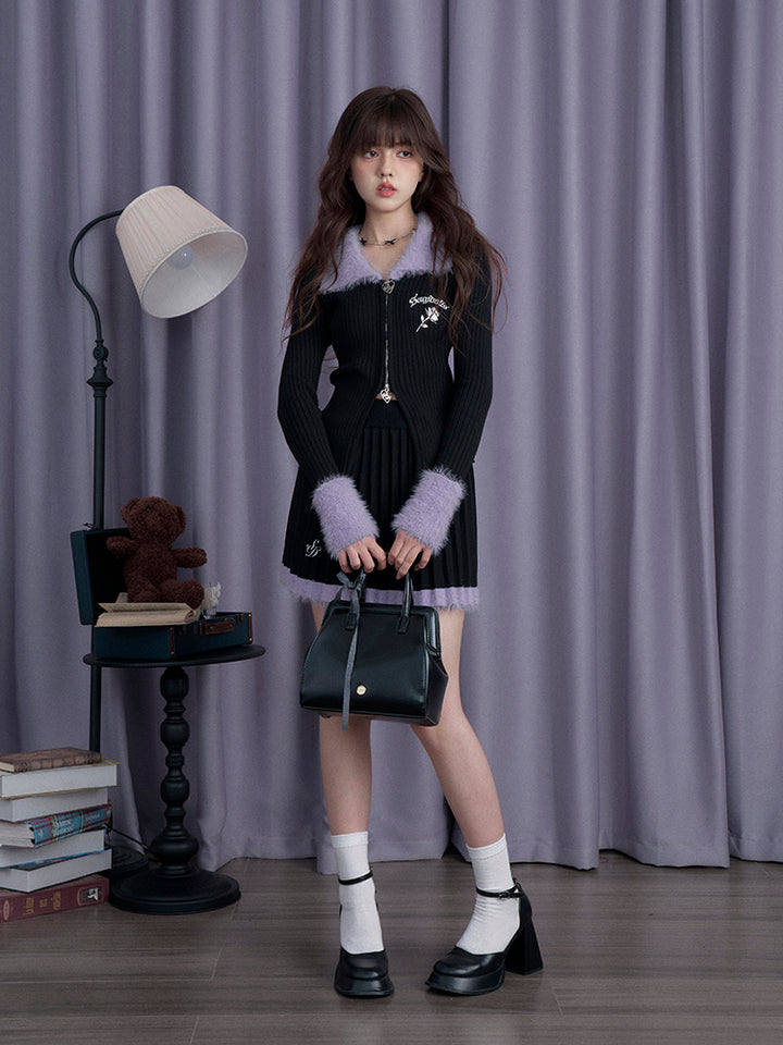 Black and Purple Knitted Slim Fit Cardigan Short Skirt for Winter