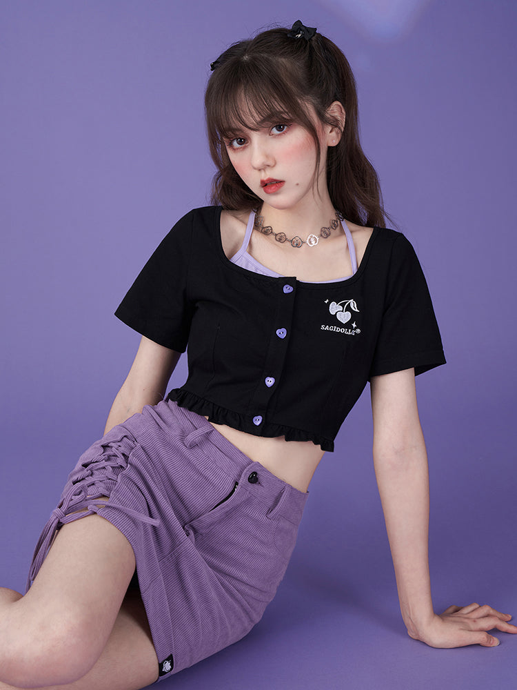 Purple-Black Cherry Halter Neck Fake Two-Piece Short Cardigan Top