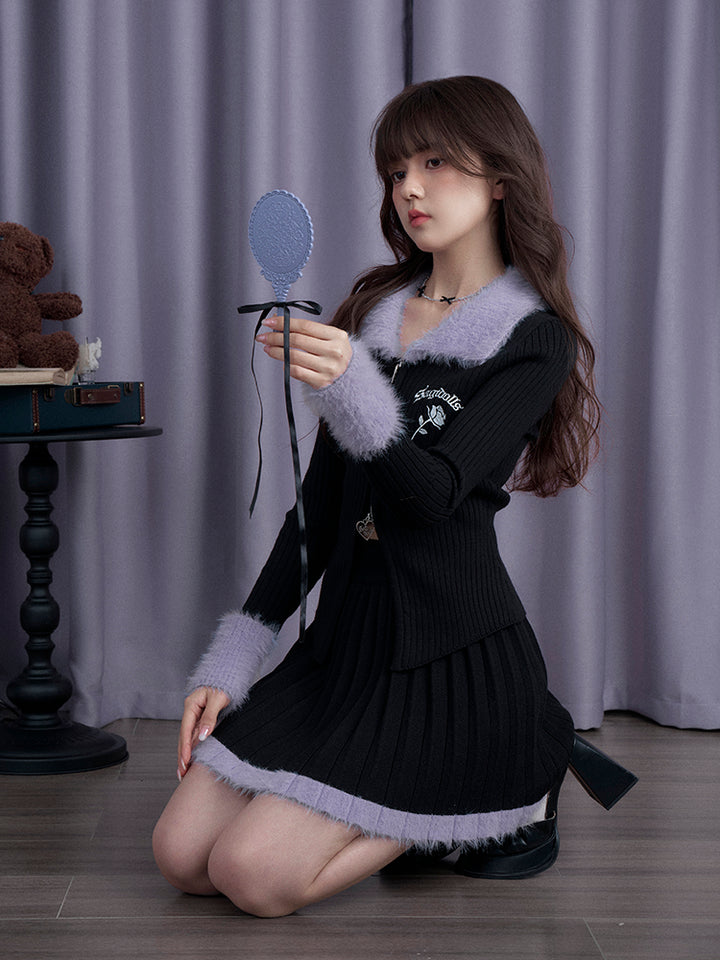Black and Purple Knitted Slim Fit Cardigan Short Skirt for Winter