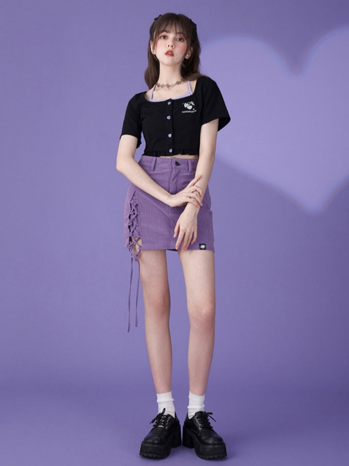 Purple-Black Cherry Halter Neck Fake Two-Piece Short Cardigan Top