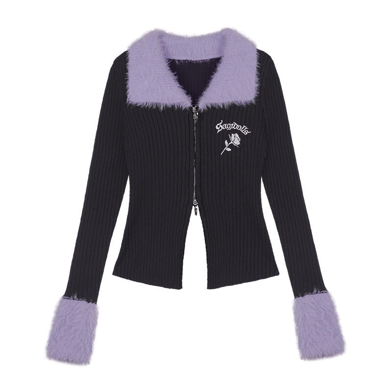 Black and Purple Knitted Slim Fit Cardigan Short Skirt for Winter