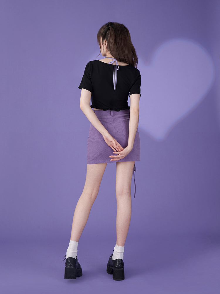 Purple-Black Cherry Halter Neck Fake Two-Piece Short Cardigan Top