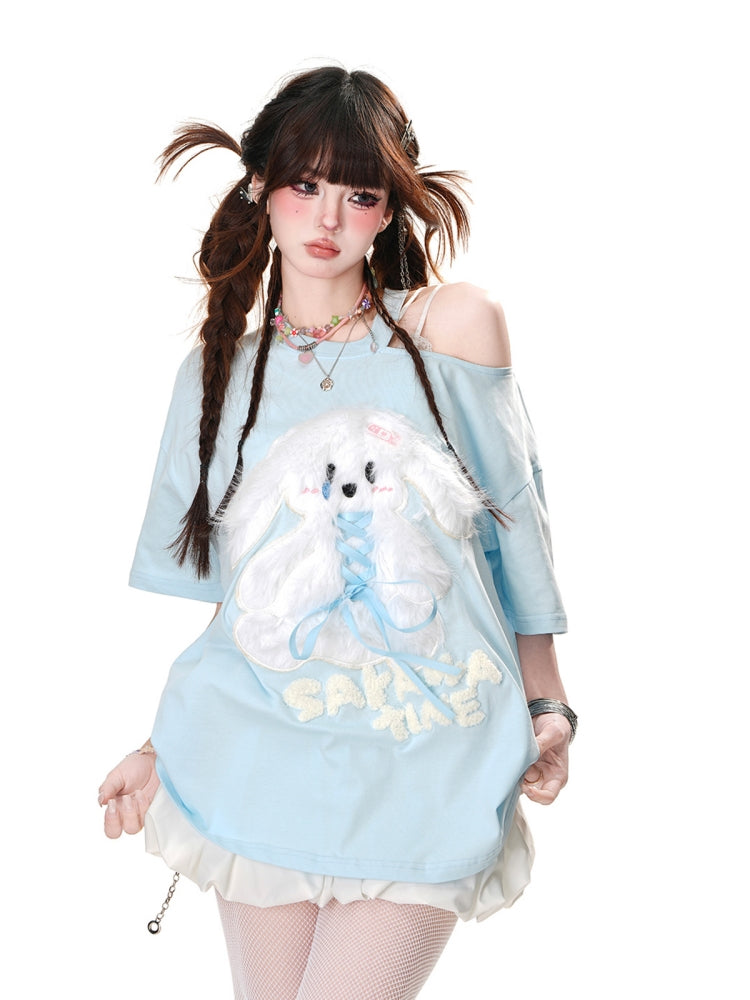 Sweet Puppy Embroidered Short-Sleeve Off-Shoulder Loose Blue T-Shirt