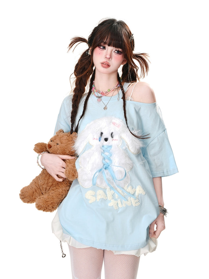 Sweet Puppy Embroidered Short-Sleeve Off-Shoulder Loose Blue T-Shirt
