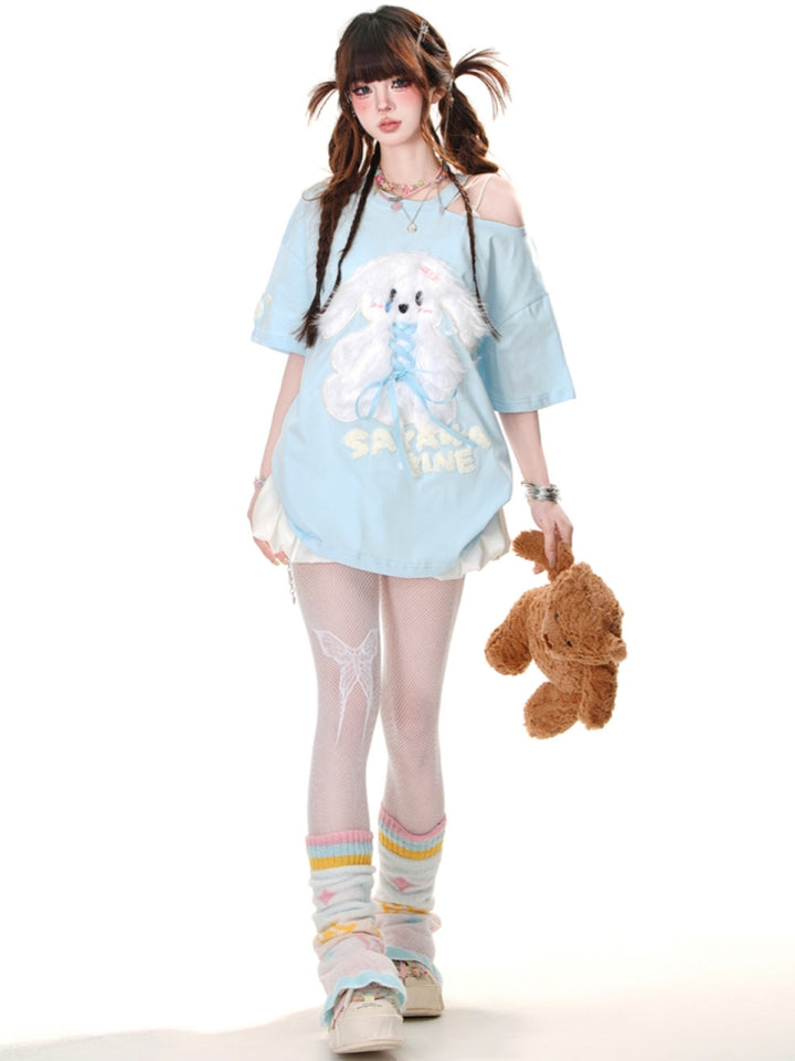 Sweet Puppy Embroidered Short-Sleeve Off-Shoulder Loose Blue T-Shirt