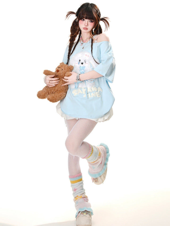 Sweet Puppy Embroidered Short-Sleeve Off-Shoulder Loose Blue T-Shirt