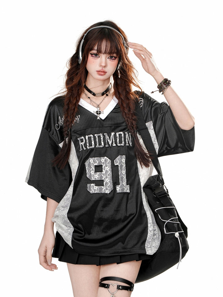 American-Style V-Neck Embroidered Short-Sleeve Loose Black T-Shirt for Summer