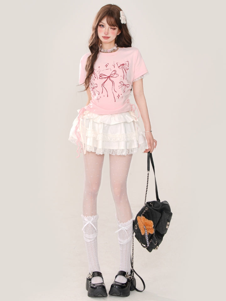 Bow Print Square Shoulder Short-Sleeve Cropped Pink T-Shirt