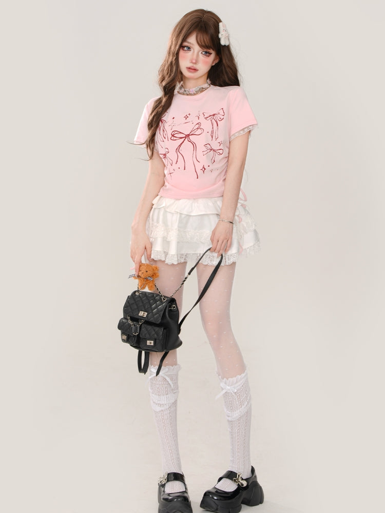 Bow Print Square Shoulder Short-Sleeve Cropped Pink T-Shirt