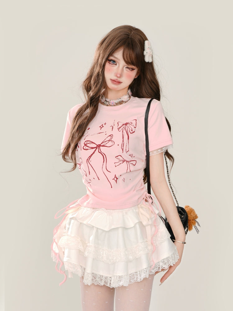 Bow Print Square Shoulder Short-Sleeve Cropped Pink T-Shirt