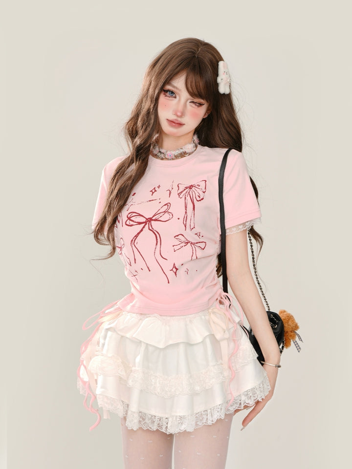 Bow Print Square Shoulder Short-Sleeve Cropped Pink T-Shirt
