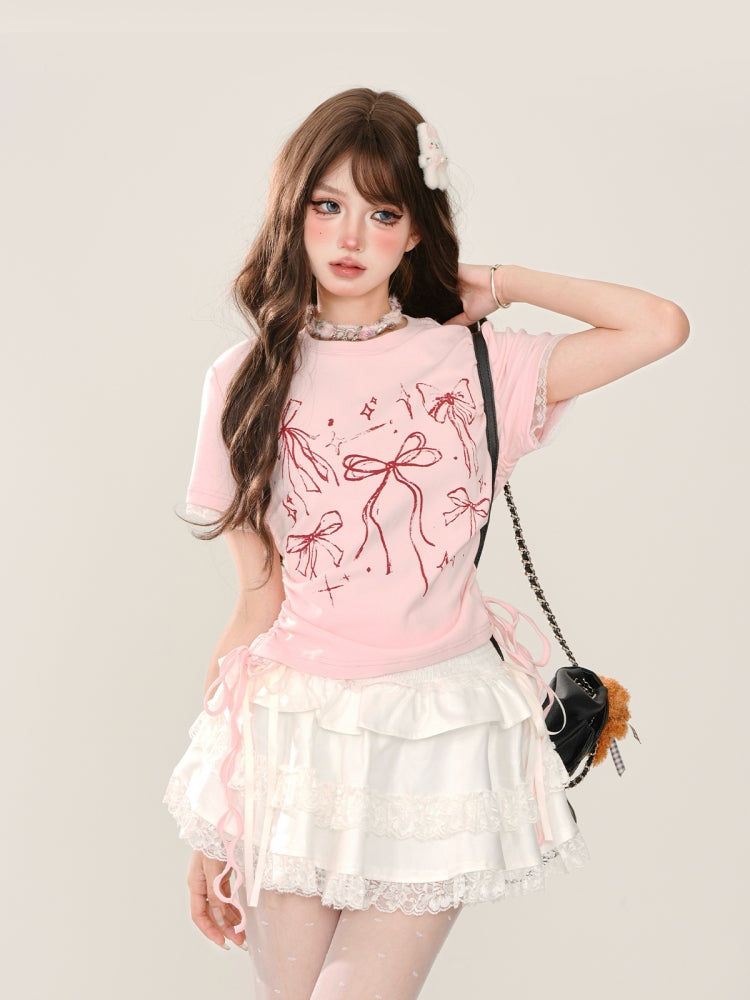 Bow Print Square Shoulder Short-Sleeve Cropped Pink T-Shirt