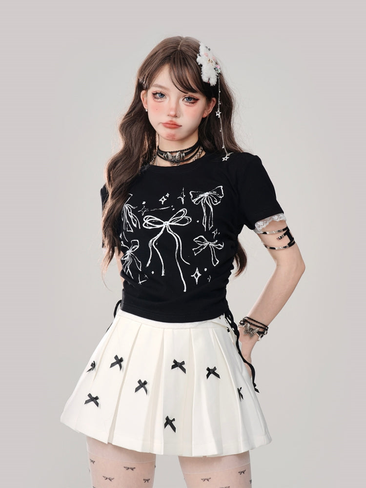 Black Bow Print Square Shoulder Short-Sleeve Cropped T-Shirt