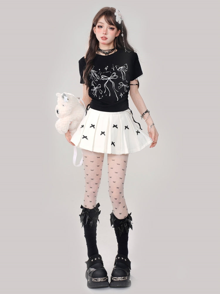 Black Bow Print Square Shoulder Short-Sleeve Cropped T-Shirt