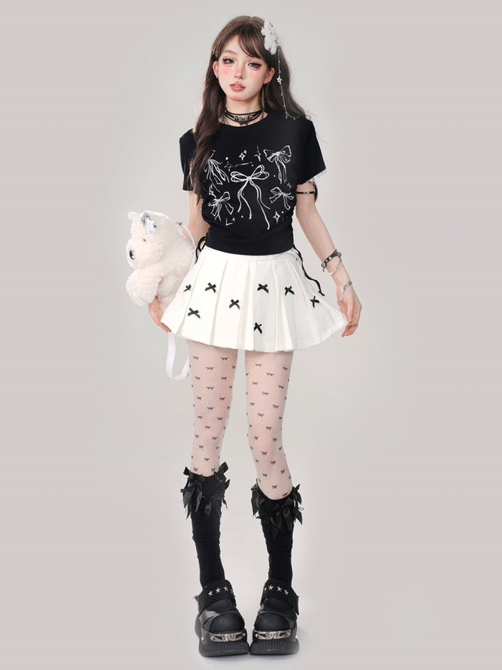Black Bow Print Square Shoulder Short-Sleeve Cropped T-Shirt