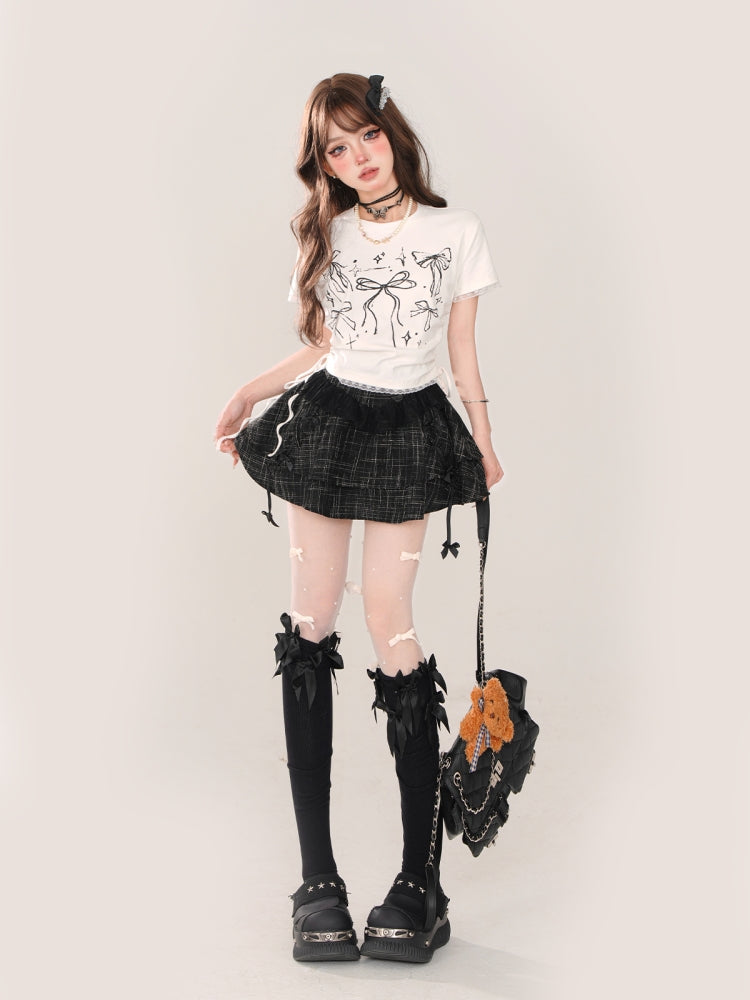 White Bow Print Square Shoulder Short-Sleeve Cropped T-Shirt