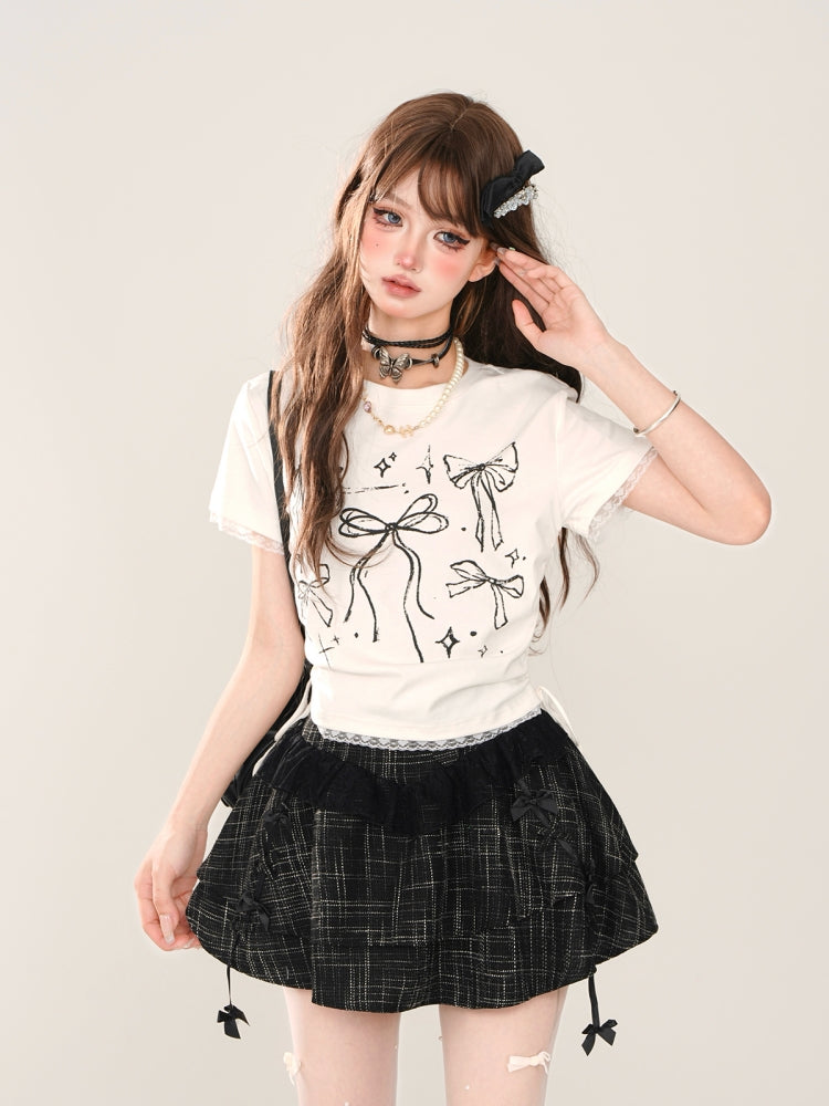White Bow Print Square Shoulder Short-Sleeve Cropped T-Shirt
