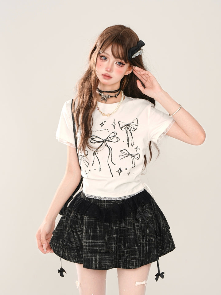 White Bow Print Square Shoulder Short-Sleeve Cropped T-Shirt