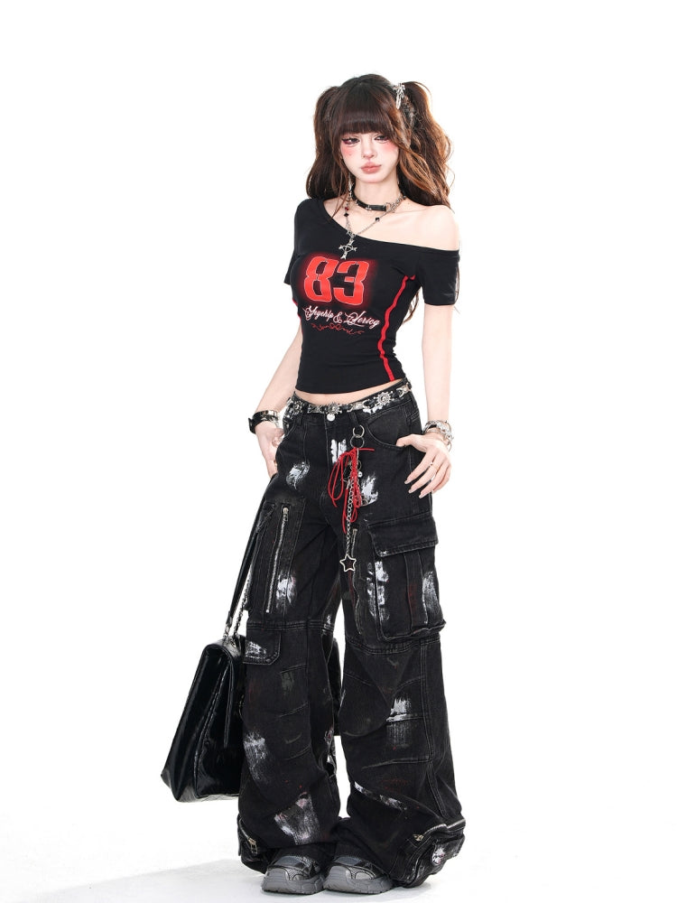 American-Style Short-Sleeve Asymmetrical Shoulder Slim Fit Black Top for Summer