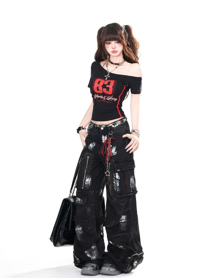 American-Style Short-Sleeve Asymmetrical Shoulder Slim Fit Black Top for Summer