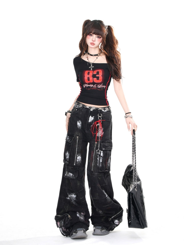 American-Style Short-Sleeve Asymmetrical Shoulder Slim Fit Black Top for Summer