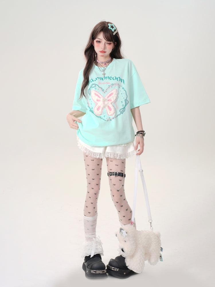 Green Butterfly Letter Print Oversized Regular-Shoulder Short-Sleeve Loose T-Shirt
