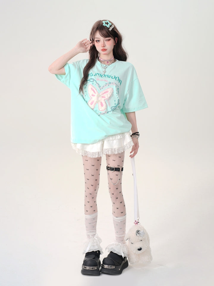 Green Butterfly Letter Print Oversized Regular-Shoulder Short-Sleeve Loose T-Shirt