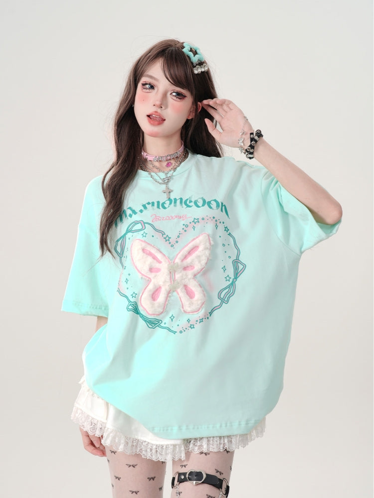 Green Butterfly Letter Print Oversized Regular-Shoulder Short-Sleeve Loose T-Shirt