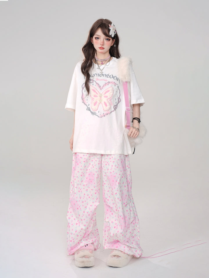 White Butterfly Letter Print Oversized Regular-Shoulder Short-Sleeve Loose T-Shirt