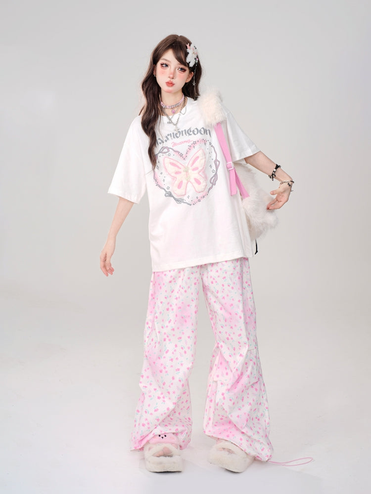 White Butterfly Letter Print Oversized Regular-Shoulder Short-Sleeve Loose T-Shirt