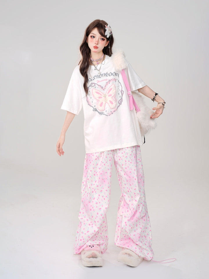 White Butterfly Letter Print Oversized Regular-Shoulder Short-Sleeve Loose T-Shirt