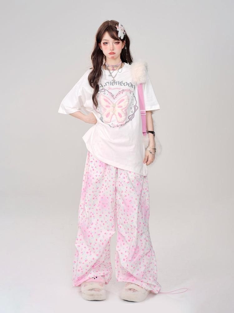 White Butterfly Letter Print Oversized Regular-Shoulder Short-Sleeve Loose T-Shirt