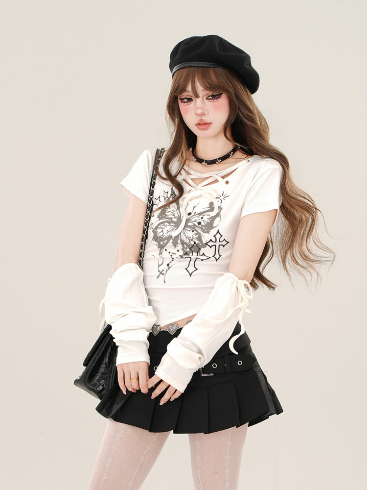 Butterfly Print Asymmetrical American-Style Bombshell Slim-Fit T-Shirt for Spring and Summer
