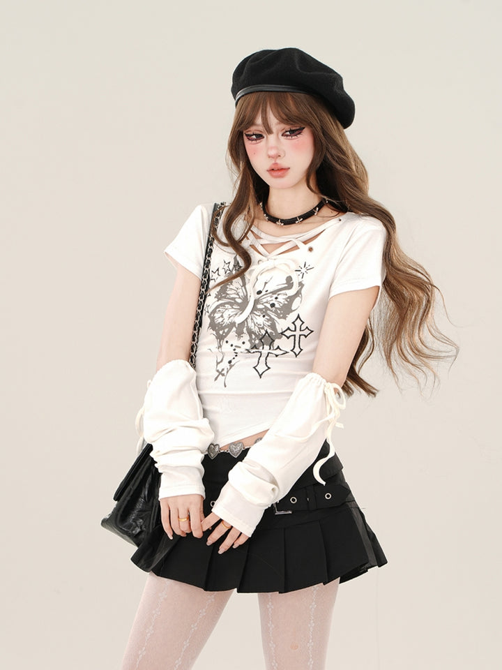 Butterfly Print Asymmetrical American-Style Bombshell Slim-Fit T-Shirt for Spring and Summer