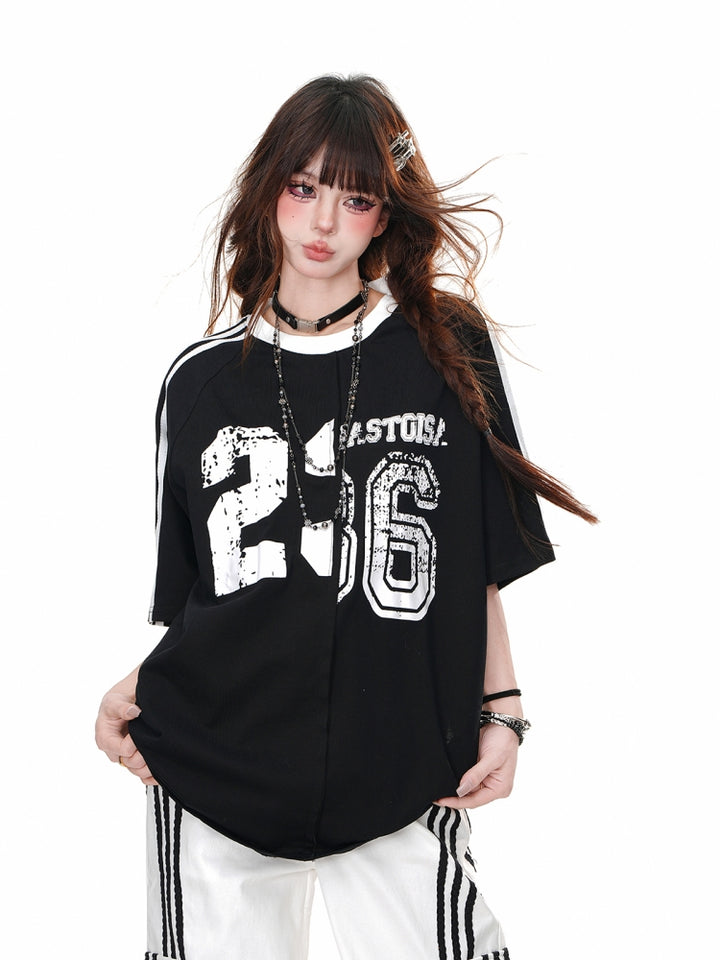 Black Letters Print Loose Fit Sports Top for Summer
