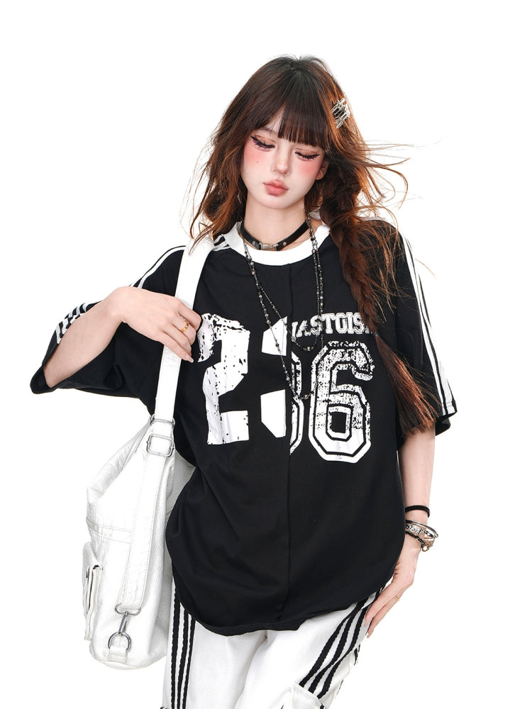 Black Letters Print Loose Fit Sports Top for Summer