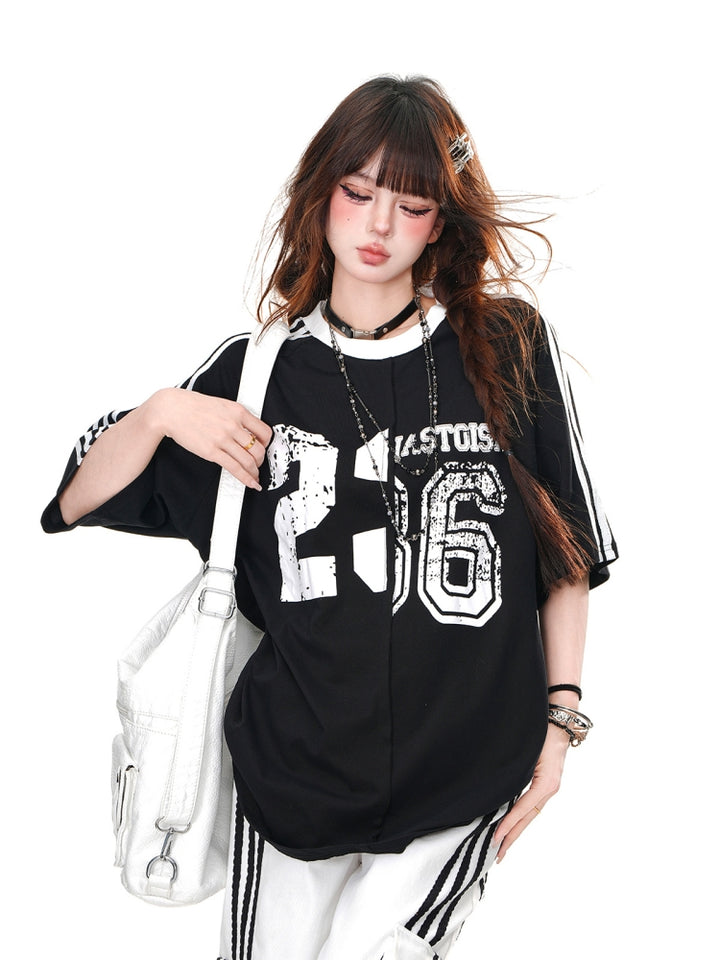 Black Letters Print Loose Fit Sports Top for Summer