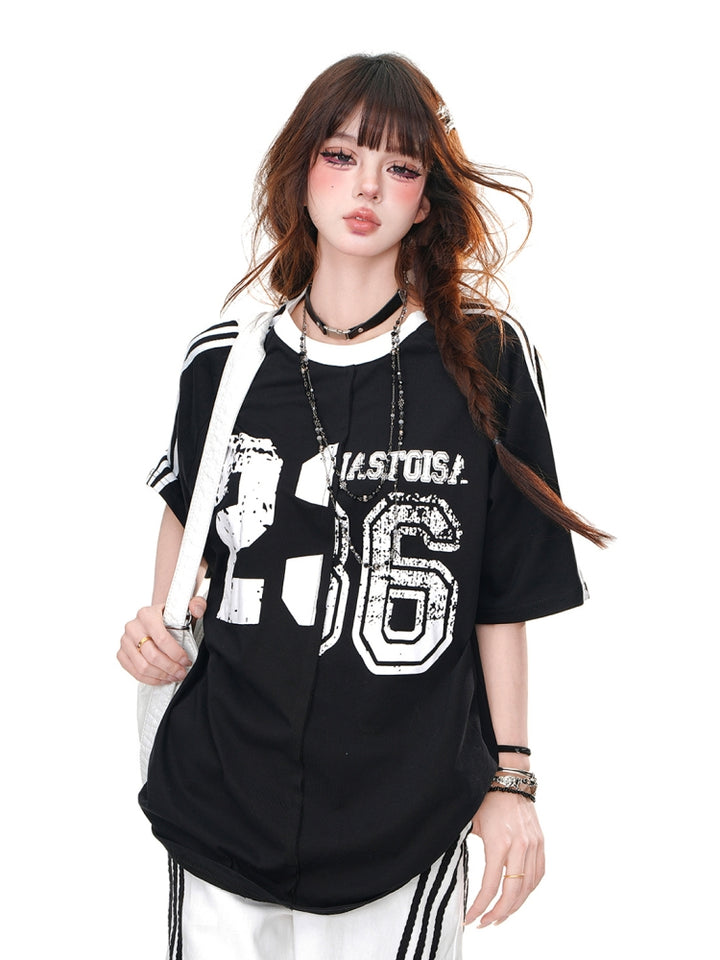 Black Letters Print Loose Fit Sports Top for Summer