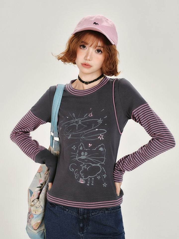 Cat Print Stripe Patchwork Long Sleeve Top