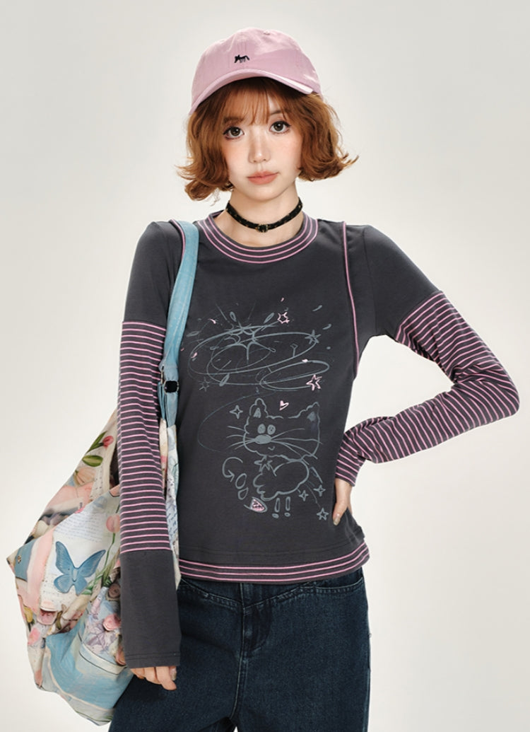 Cat Print Stripe Patchwork Long Sleeve Top