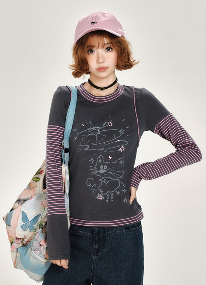Cat Print Stripe Patchwork Long Sleeve Top