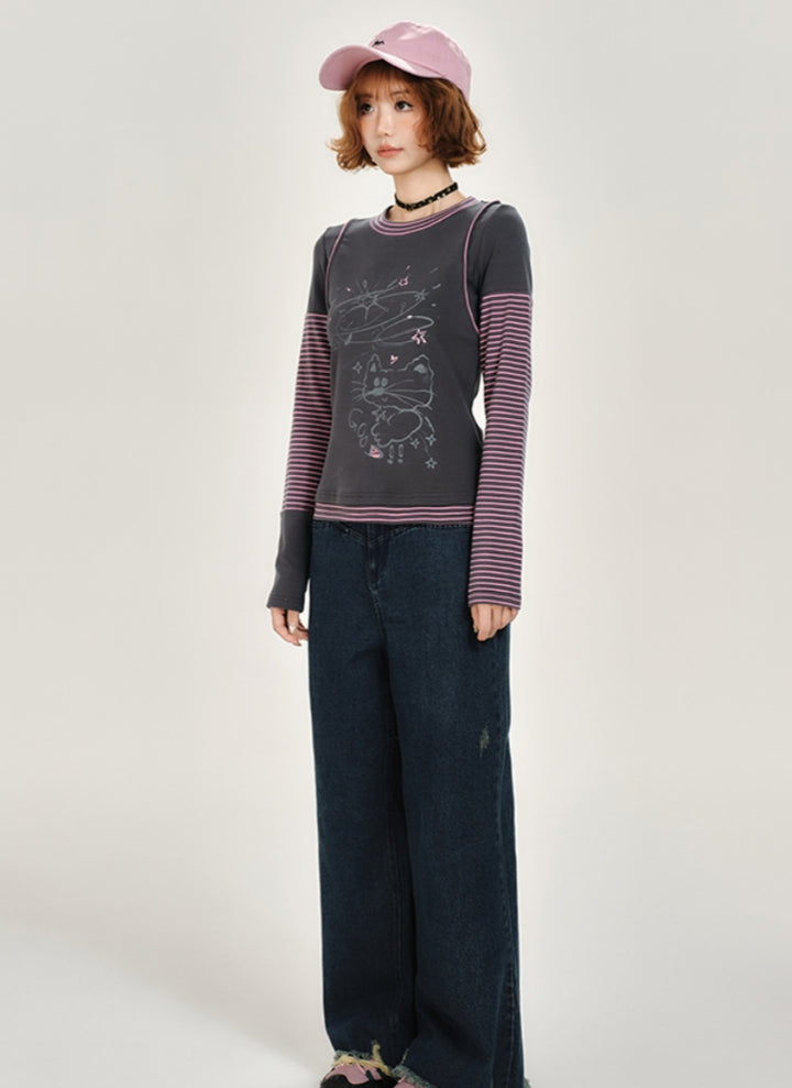 Cat Print Stripe Patchwork Long Sleeve Top