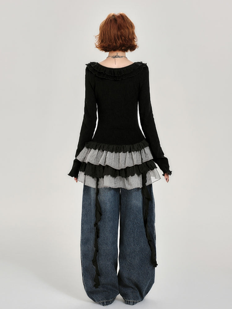 Ruffle Long Sleeve Black Top for Spring and Autumn
