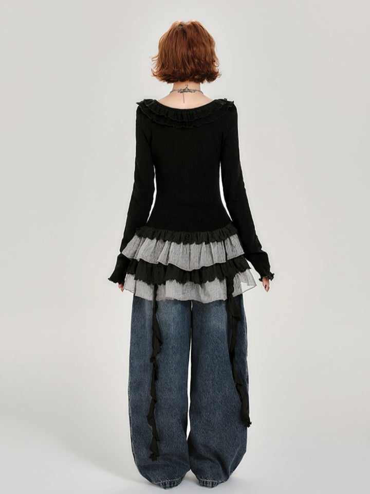 Ruffle Long Sleeve Black Top for Spring and Autumn