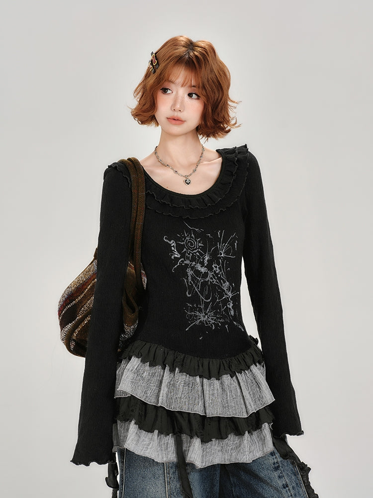 Ruffle Long Sleeve Black Top for Spring and Autumn