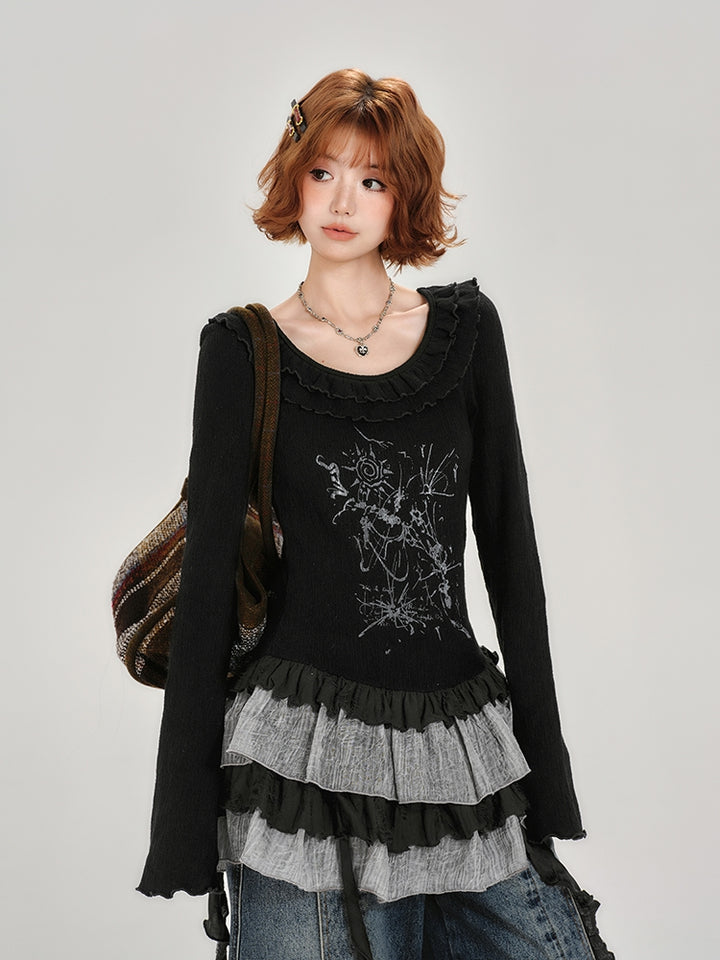 Ruffle Long Sleeve Black Top for Spring and Autumn
