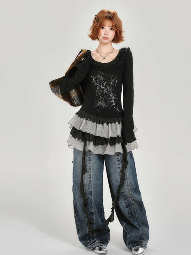 Ruffle Long Sleeve Black Top for Spring and Autumn