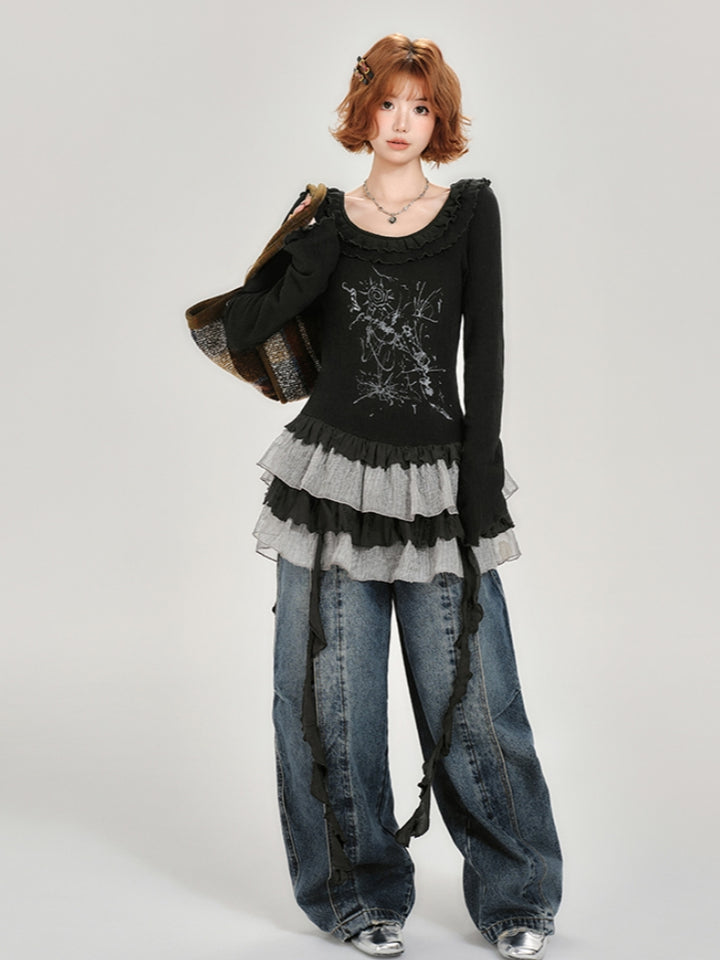 Ruffle Long Sleeve Black Top for Spring and Autumn