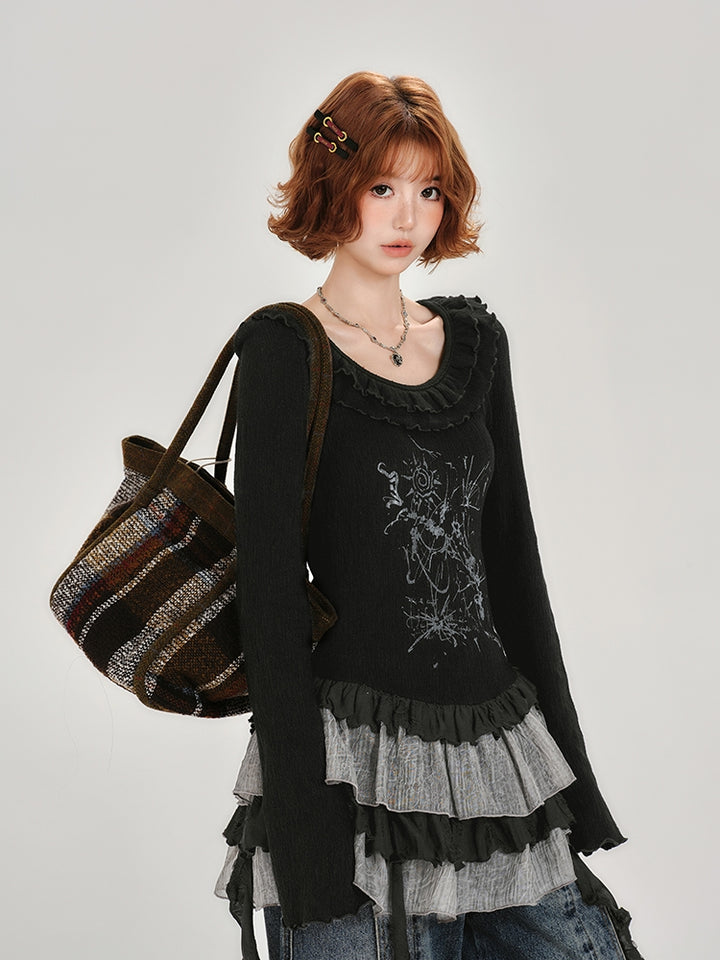 Ruffle Long Sleeve Black Top for Spring and Autumn